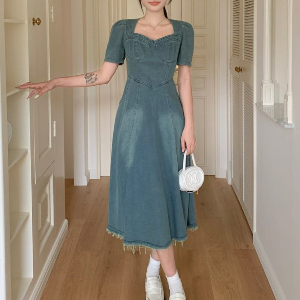 Denim Midi Dress for Women with Short Sleeves, French Denim Dress, Denim Dress M